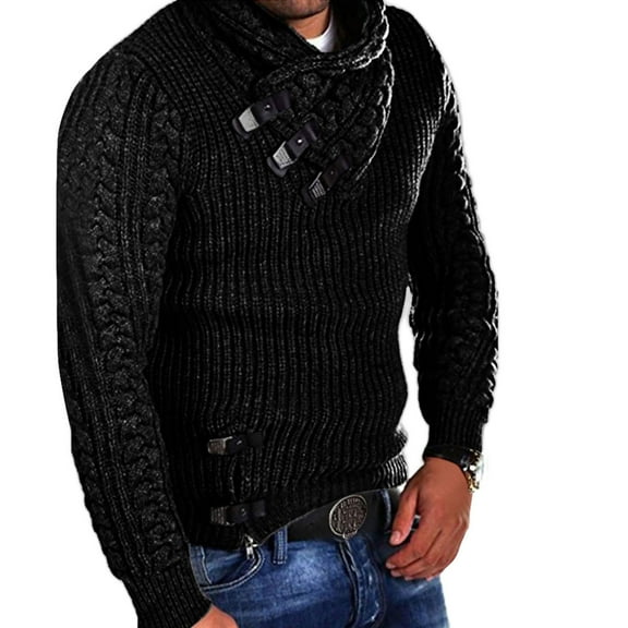 Wavsuf Mens Sweaters Big and Tall Turtleneck Solid Black Sweaters Tops Size L