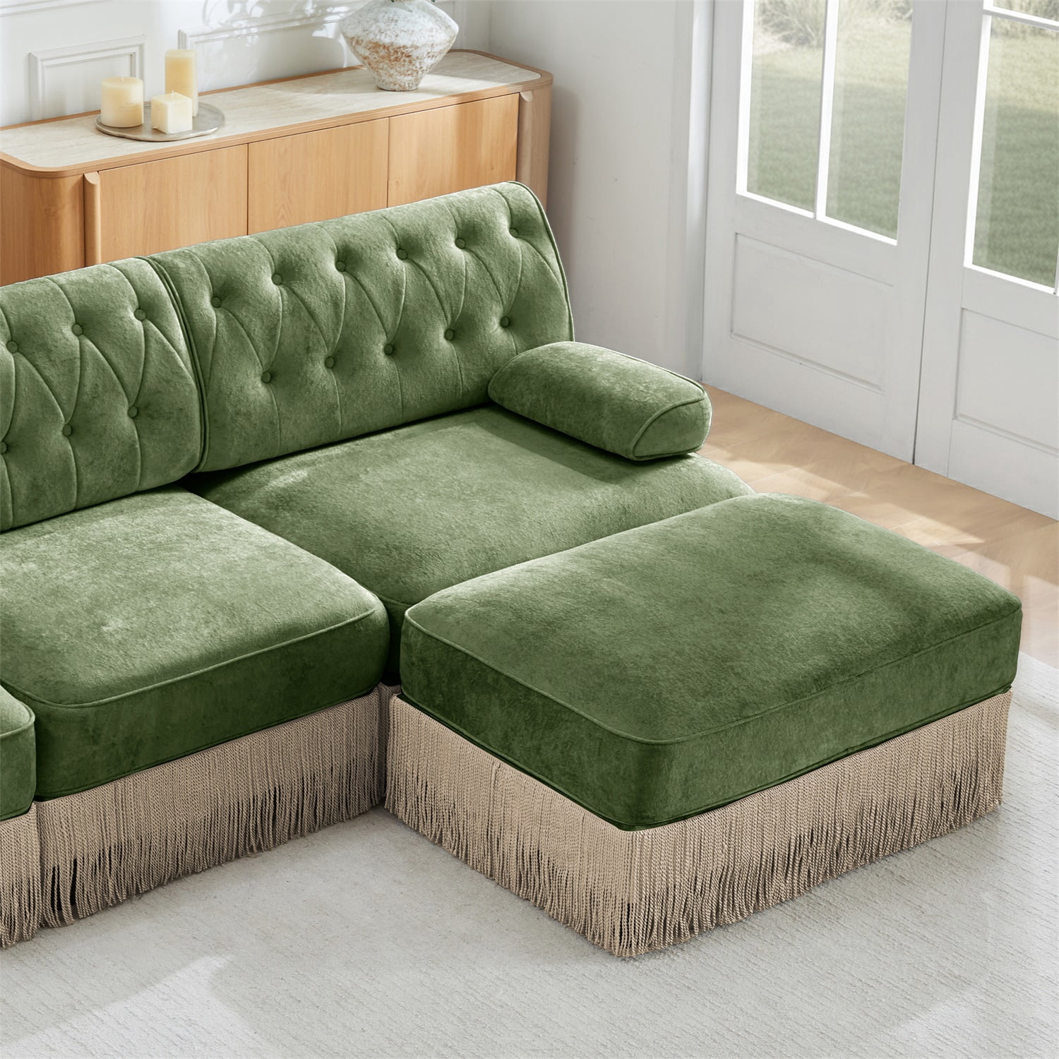 Hommoo Comfort Velvet Fabric Armless Sofa, Button Tufted Design & Floor-grazing Tassel, Green