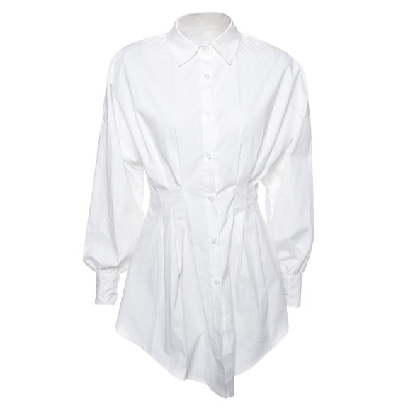 Aellinatey Women Lantern Sleeve Lapel V-Neck Button Pleated Empire Waist Mini Blouse Dress