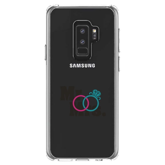 DistinctInk Clear Shockproof Hybrid Case for Samsung Galaxy S9  PLUS (6.2" Screen) - TPU Bumper Acrylic Back Tempered Glass Screen Protector - Mr. & Mrs. Wedding Rings