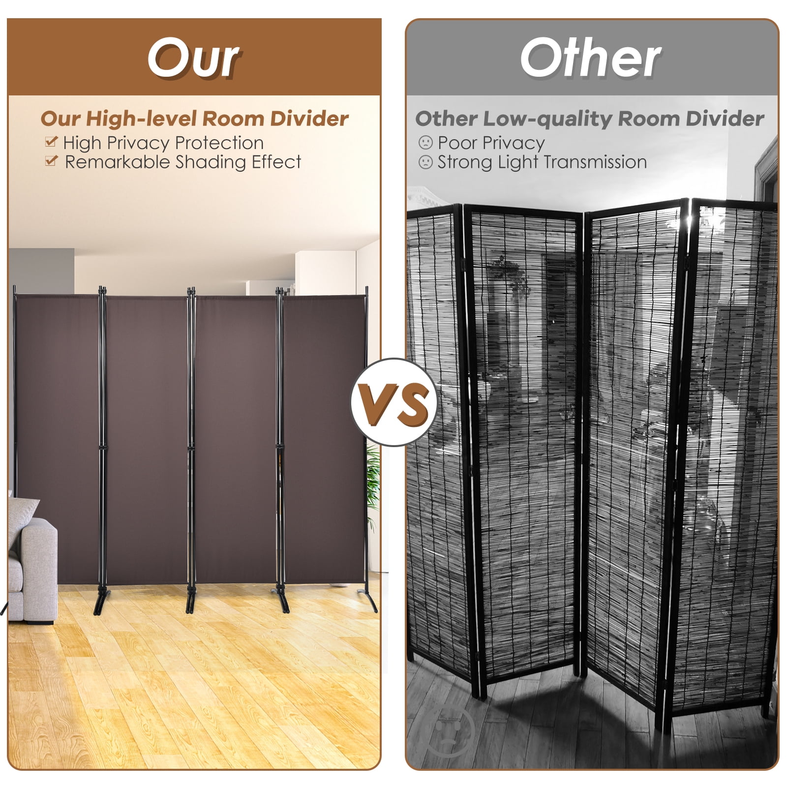 Patiojoy 5.6Ft Tall Folding Room Divider Freestanding 4-Panel Privacy Screen w/Iron Frame Coffee