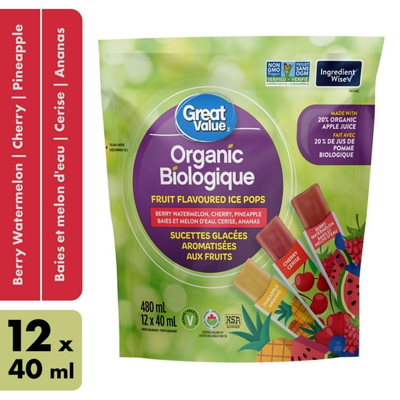 Great Value Organic Fruit Flavoured Ice Pops - Berry Watermelon, Cherry, Pineapple - 12 x 40 ml, 12 x 40 ml