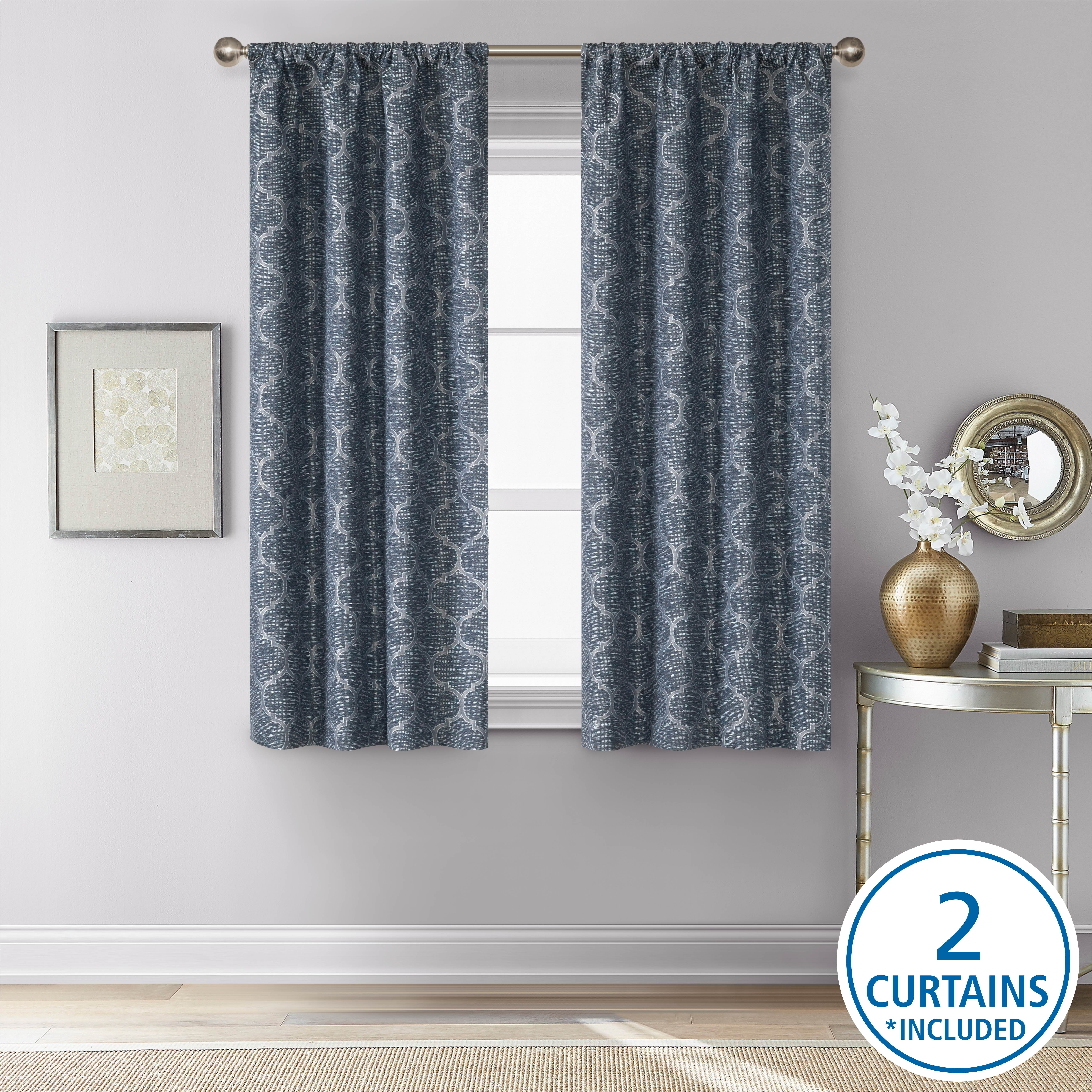 (2 pack) Mainstays Jacquard Blackout Panel Pair, Set of 2 Curtains, Blue Ogee, 37"W x 63" L