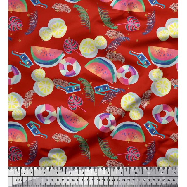 Soimoi Silk Fabric Fruits,Swim Ring & Goggles Summer Designs Printed Fabric 1 Yard 42 Inch Wide