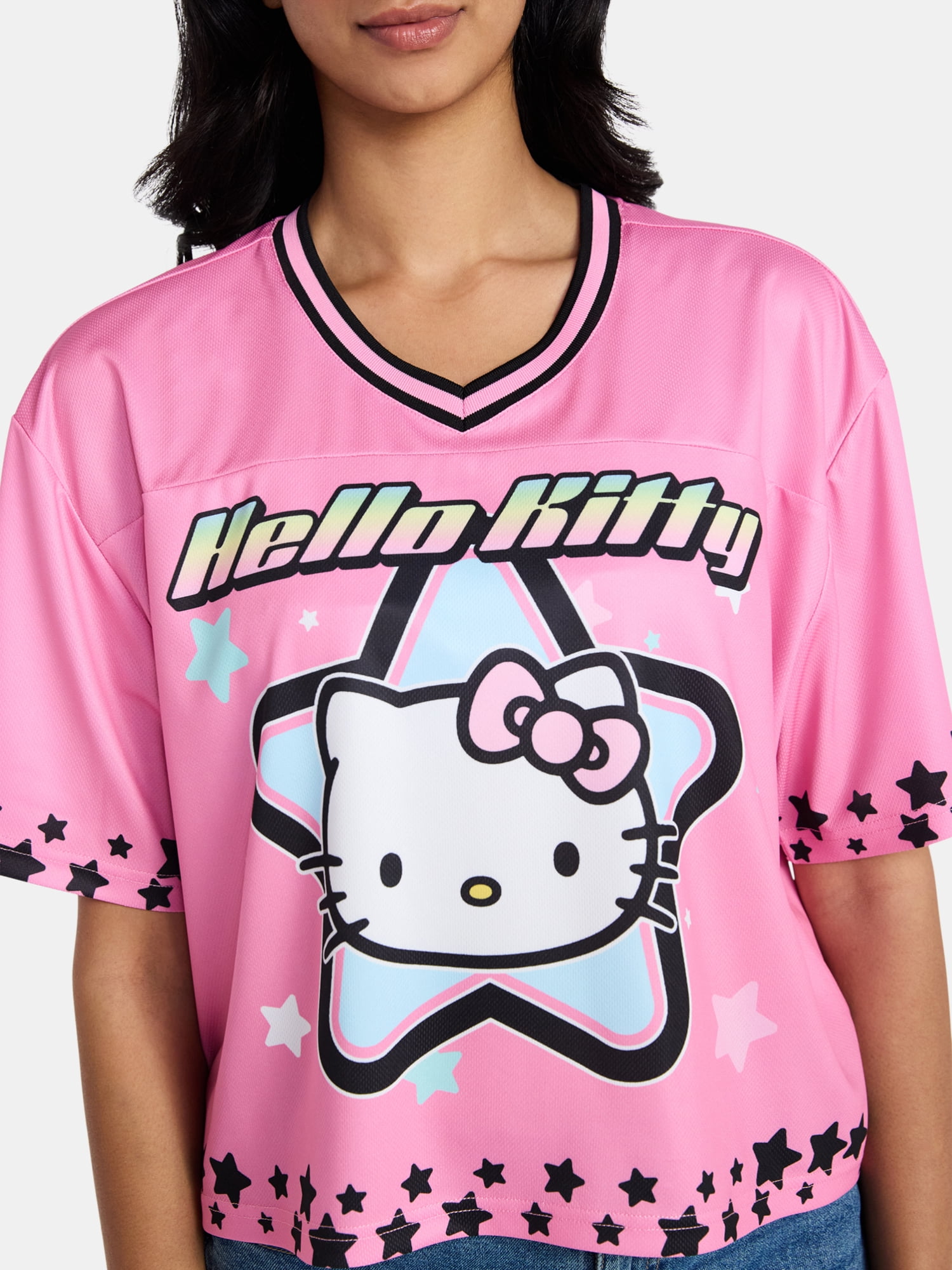 Hello Kitty Women's Plus Cropped Front Back Graphic Football Jersey, Sizes XXS-4X