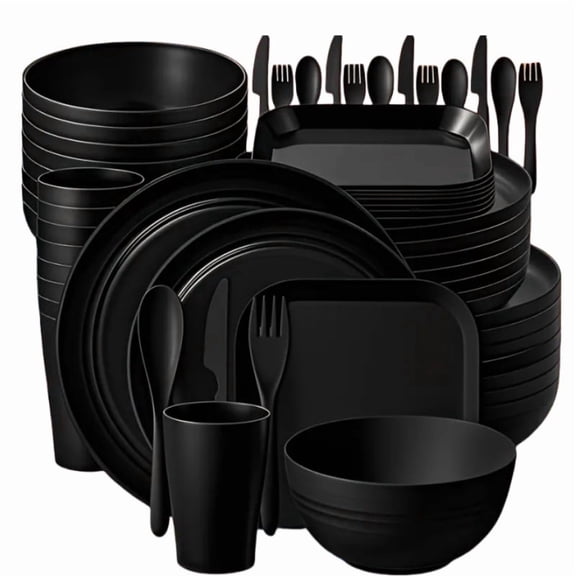 64 pcs Dinnerware Sets, Unbreakable Reusable Dinnerware Set Kitchen Cups Plates and Bowls Sets, Dishwasher Microwave Safe Plates,Outdoor Camping Dishes (Black)