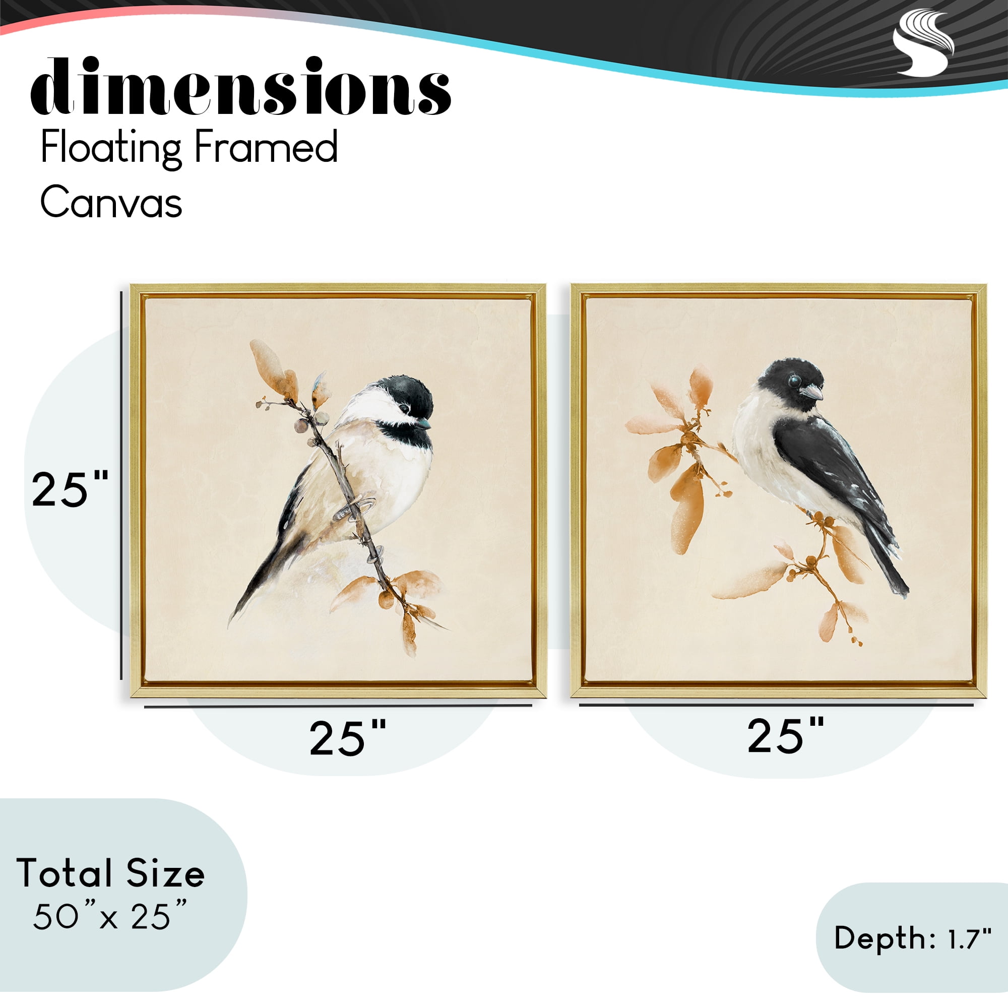 Stupell Industries Muted Chickadees on Beige 2 Piece Gold Framed Floater Canvas Set, design by Diannart