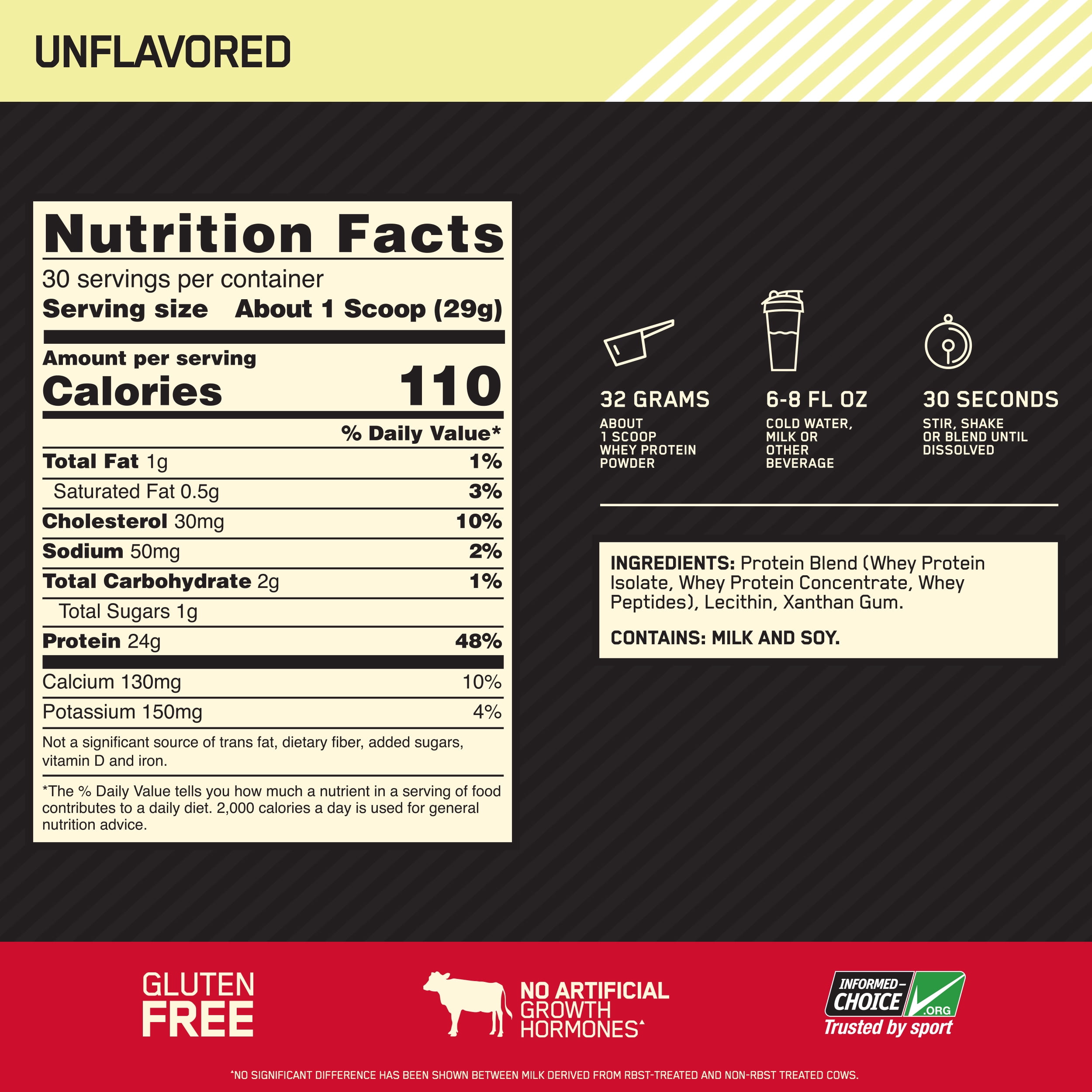 Optimum Nutrition Gold Standard 100% Whey Protein Powder, Unflavored, 24g Protein, 2 LB