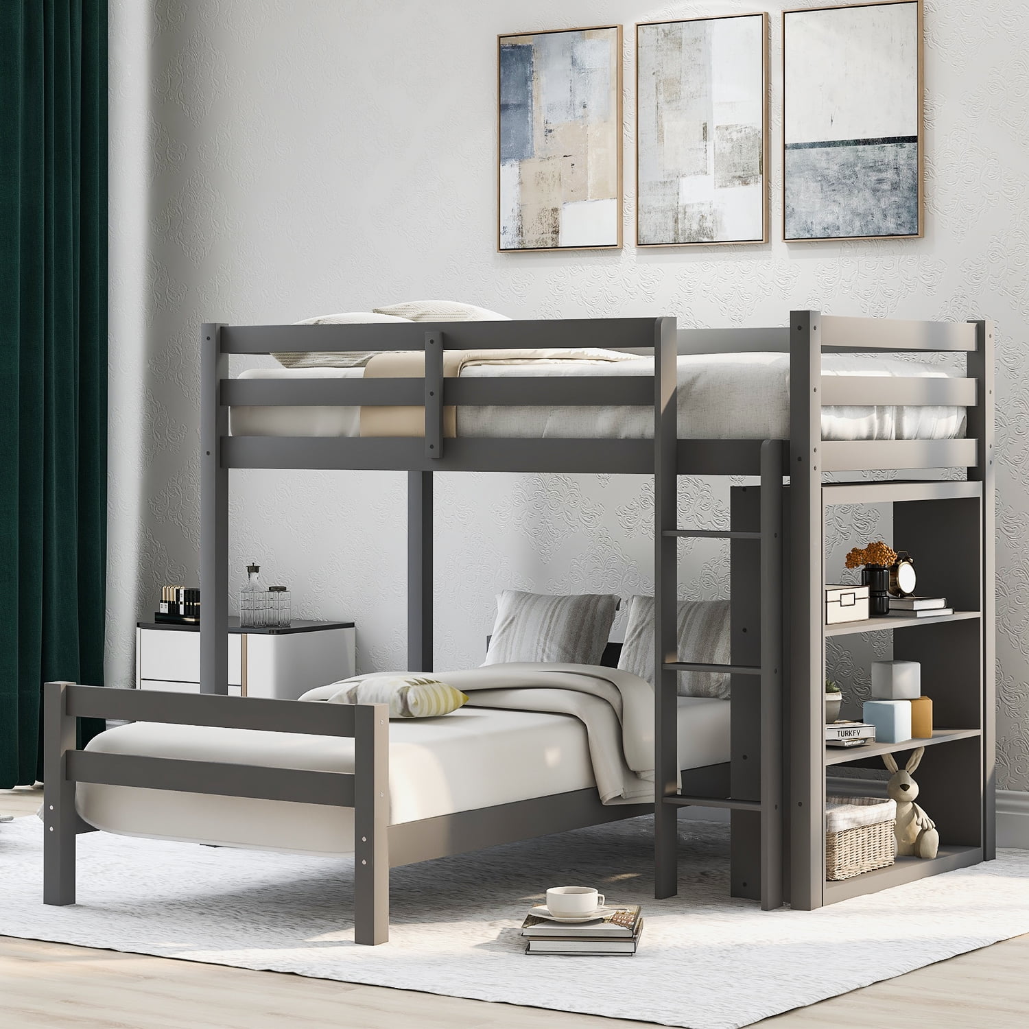 L-Shaped Twin Bunk Bed with Storage Shelves and Bulit-in Ladder, Wood ...