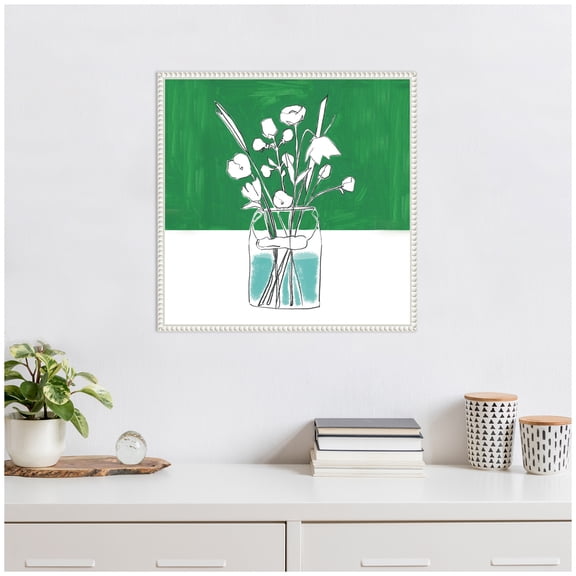 Kate and Laurel Minimalist Floral Vase with Green Framed Canvas Wall Art by Teju Reval 22 x 22 Sylvie Beaded White, Modern Contemporary, Still Life, Flowers Art for Wall Decor, Living Room Bedroom