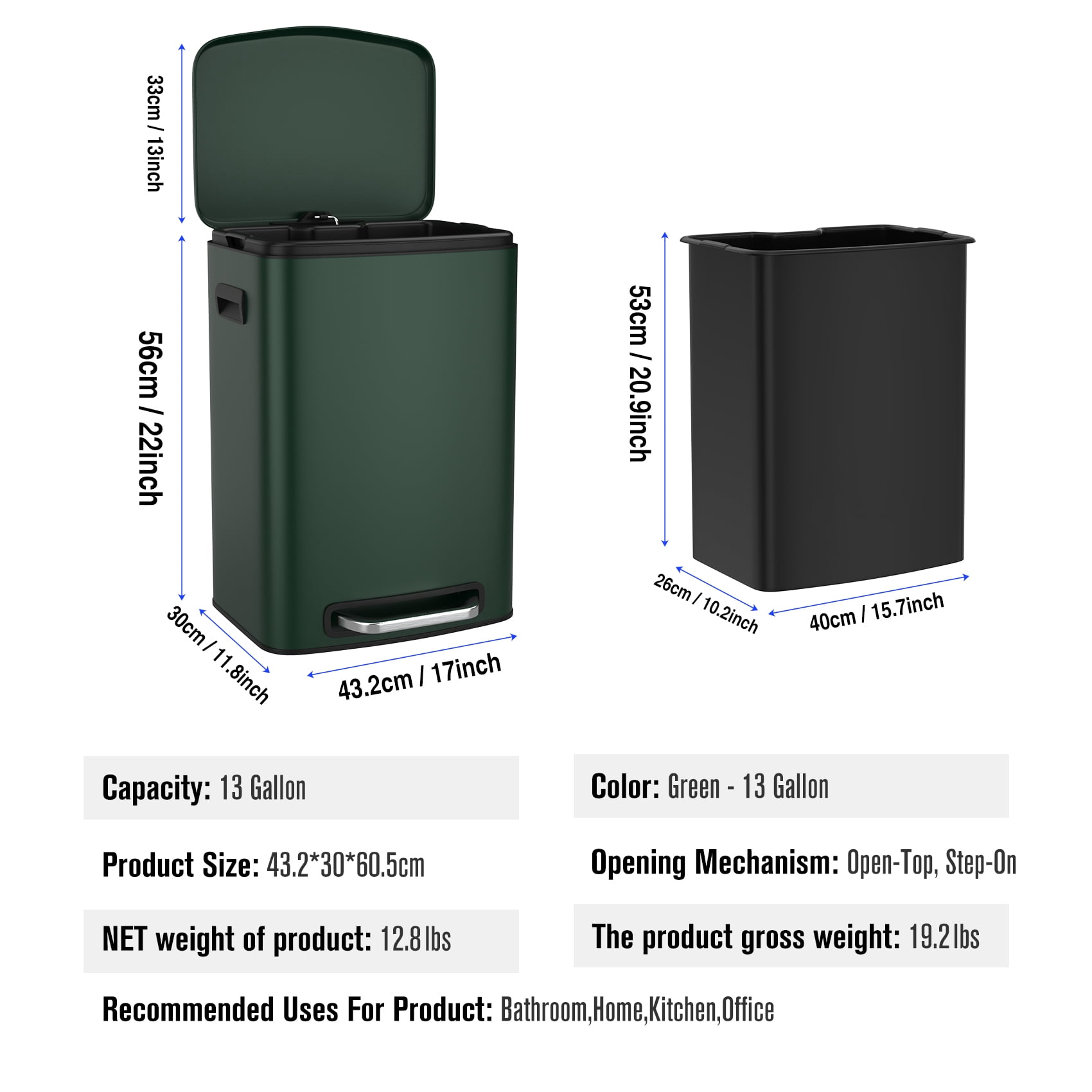 Miniyam 50L/13Gal Hands-Free Stainless Steel Trash Can with Foot Pedal, Fingerprint-Resistant Soft Close Lid Garbage Can, Green