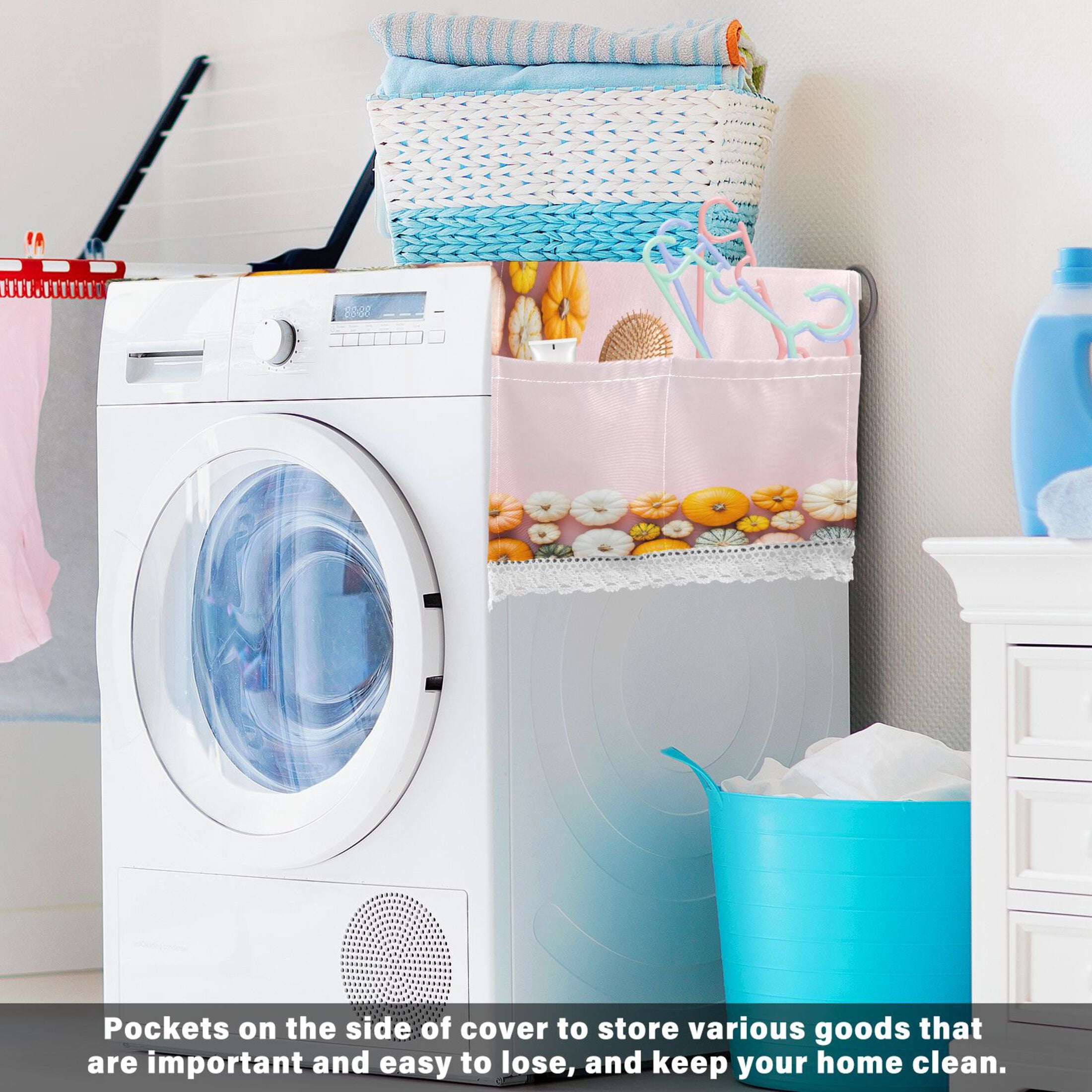 Small PumpkinsWasher and Dryer Covers Dust-Proof and Oil Resistant Fridge Cover with 4 Storage Pockets Washing Machine Top Cover for Laundry Kitchen Home 51.2 x 22 In