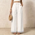 thumbnail image 2 of Women's Lightweight Lace Hem Beach Pants Ruffle Elastic Waist Wide Leg Palazzo Pants Textured Summer Pockets Casual Pants Fashion Bottoms White, 2 of 7