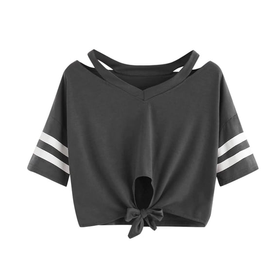Women's V-Neck T-Shirt Short Sleeve Tie Front Cut Out Blouse Causal Fashion Striped Color Block Crop Tops