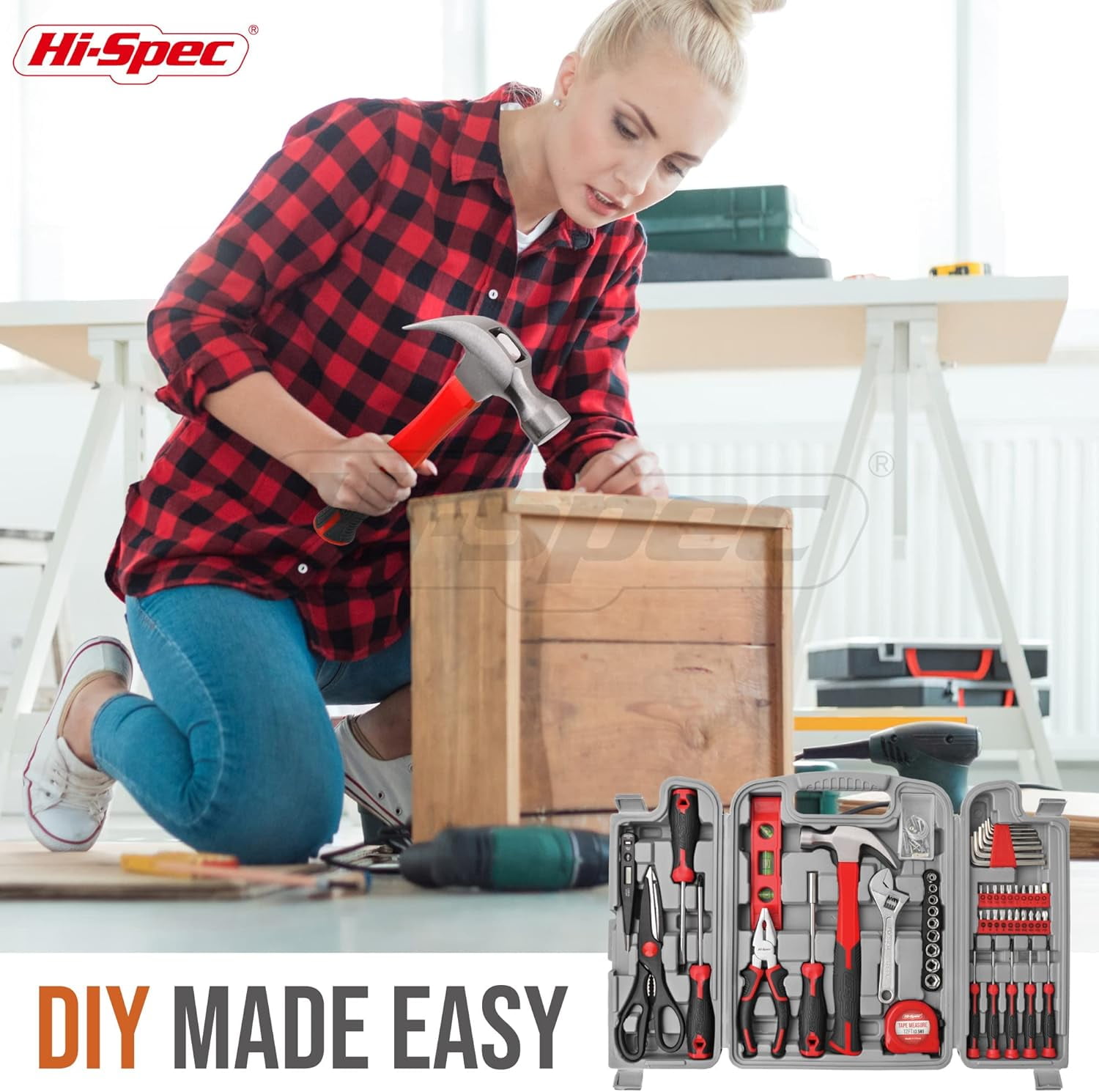 Hi-Spec 54pc Red Big Complete Home DIY Ladies Tool Box Kit. Household, Office & Women Portable Set