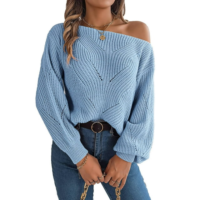 Suéter De Punto Con Hombros Descubiertos Para Mujer, Tops Holgados De Manga Larga Con Cable, Suéteres De Color Sólido A La Moda