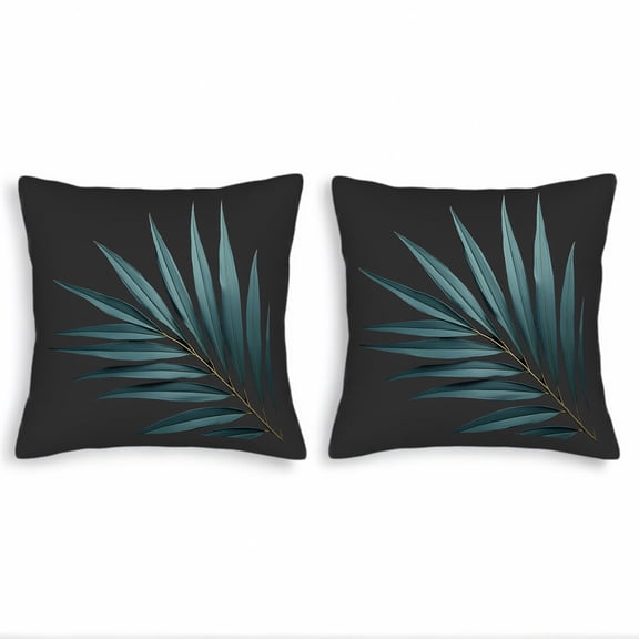 Stylish Set of 2 18x18in Throw Pillow Covers - Elegant Teal & Gold Palm Leaf Design for Couch Bed Car