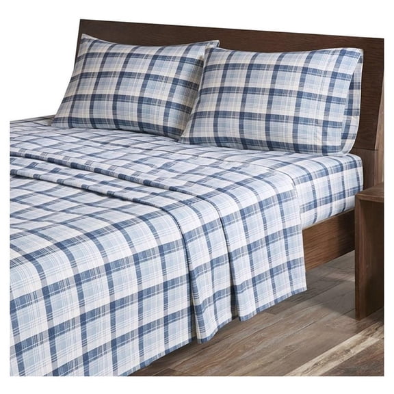 Pemberly Row 100 Percent Cotton Flannel Printed Sheet Set in Blue Plaid