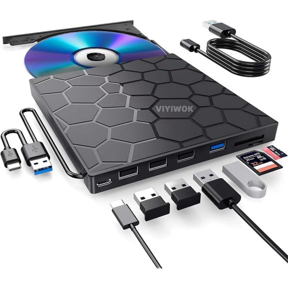 External CD/DVD Drive for Laptop, DVD Player for Laptop, 8 in 1 USB 3.0 Ultra-Slim Portable, CD Burner External Disk Drive Optical Compatible with Desktop Mac,Windows 11/10/8/7 Linux