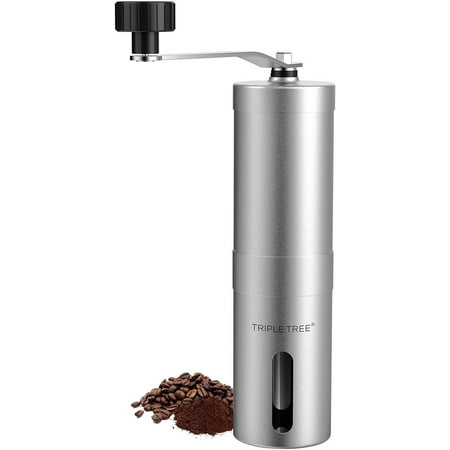 Triple Tree Manual Coffee Grinder with Ceramic Burr, Portable Hand Coffee Bean Mill, Fine Coarse Adjustable, Stainless Steel Shell with Removable Handle, 0.4 Cup Container