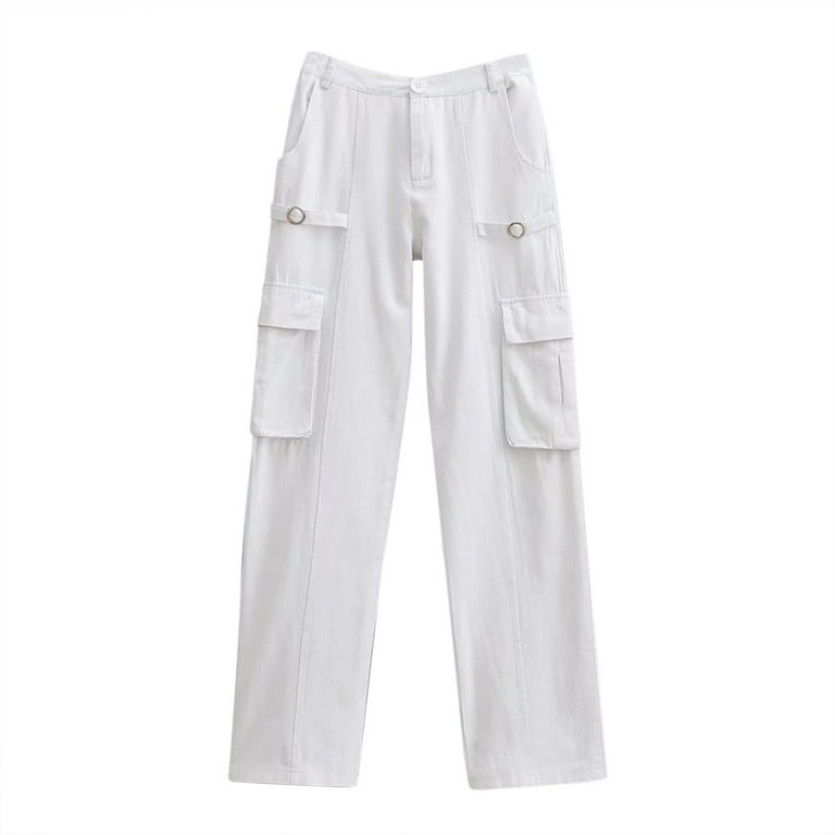 Xflwam Women's High Waist Cargo Jeans Flap Pocket Baggy Cargo Pants Y2K Wide Leg Denim Jeans Straight Casual Loose Streetwear Pants Pink L, Size