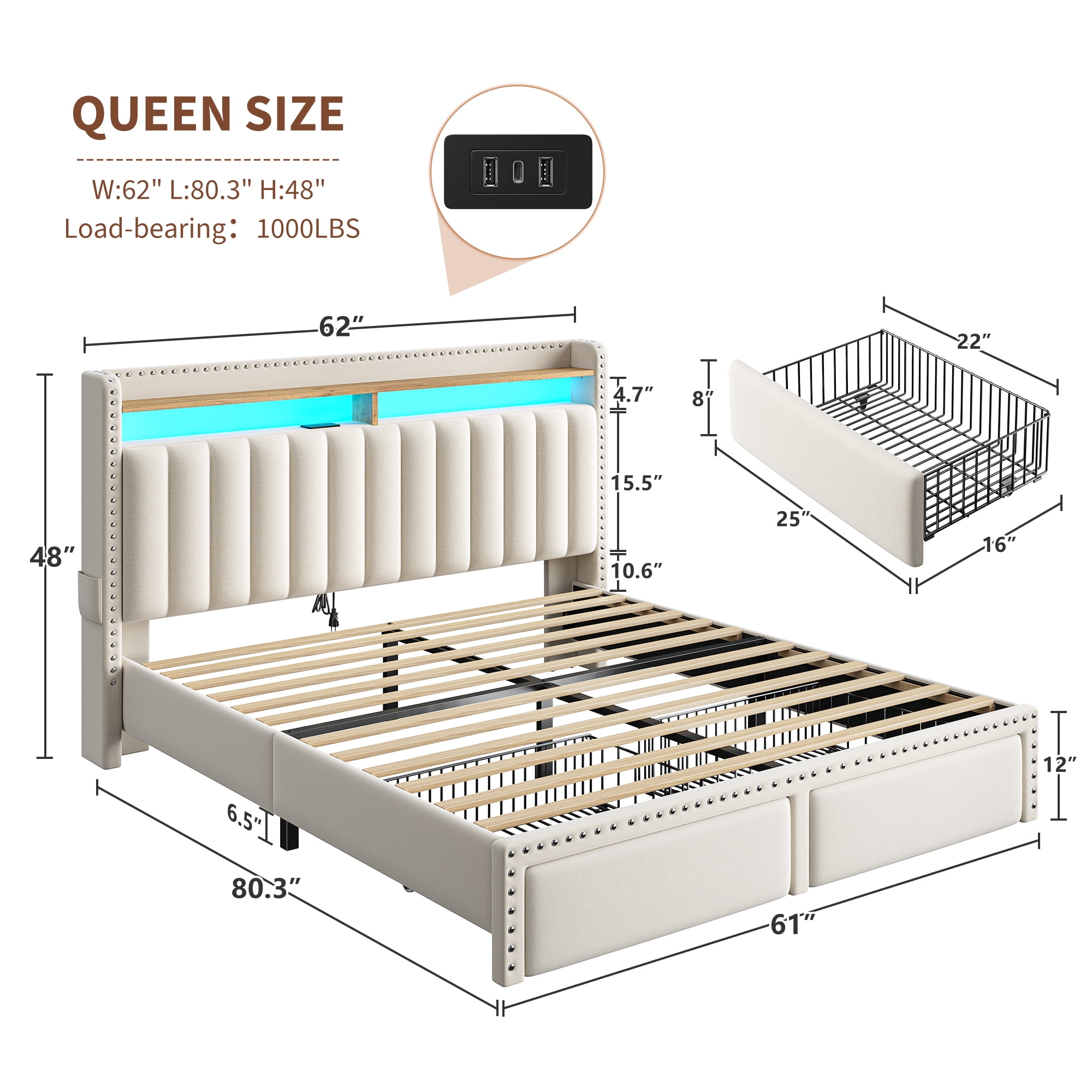 Queen Size Bed Frame with 2 Storage Drawers Upholstered Bed Frame with 2-Tier Storage Headboard & Charge Station & LED Light,Beige