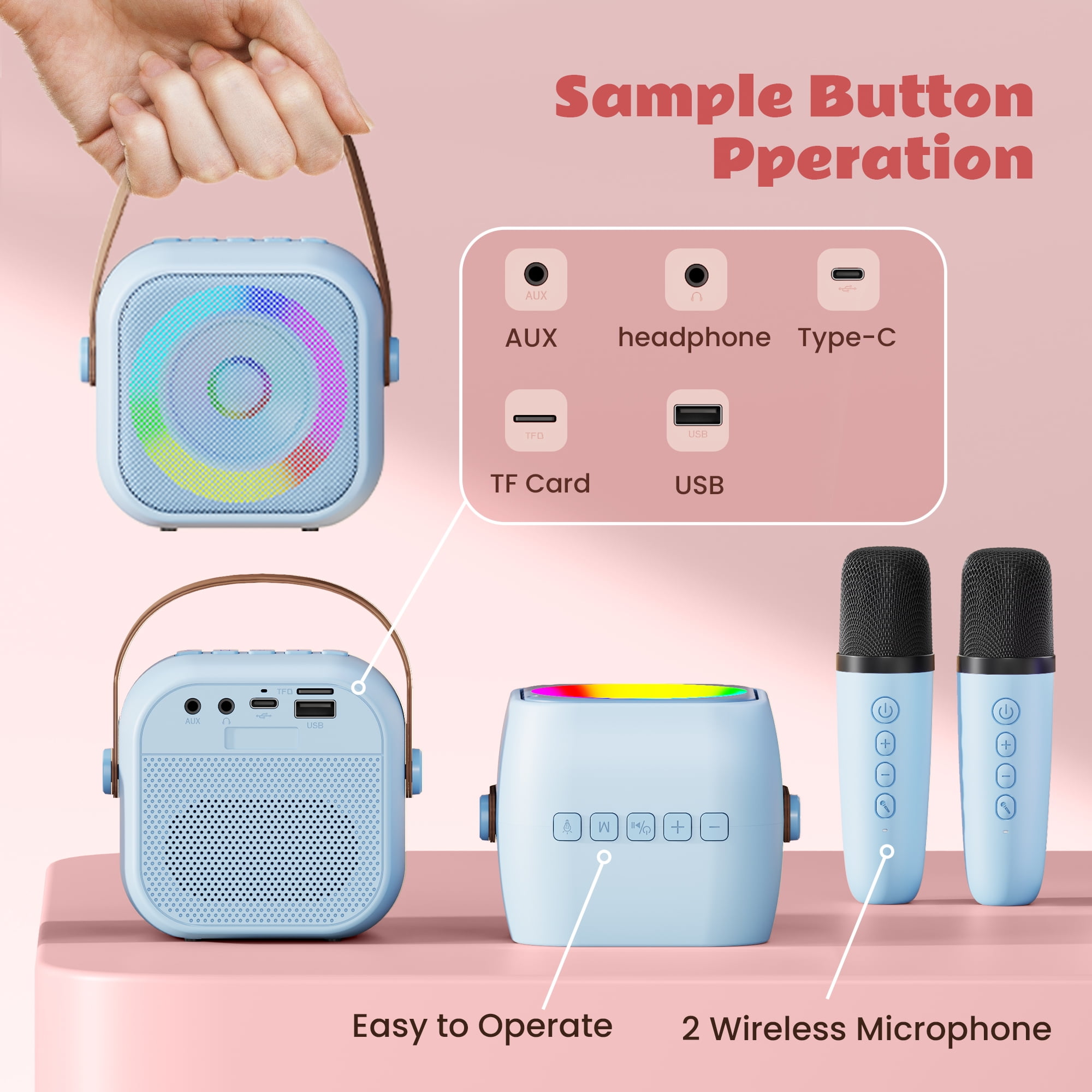 Bonaok Mini Karaoke Machine Toys, Portable Microphones for Kids Adults, Wireless Speaker Machine with LED Lights, Home Party Birthday Gifts for 3-12 Years Old Girls Boys