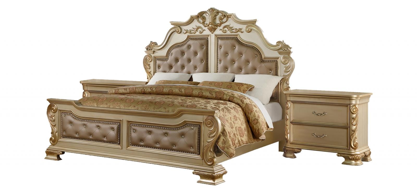 Gold Finish Wood King Bedroom Set 3Pcs Traditional Cosmos Furniture