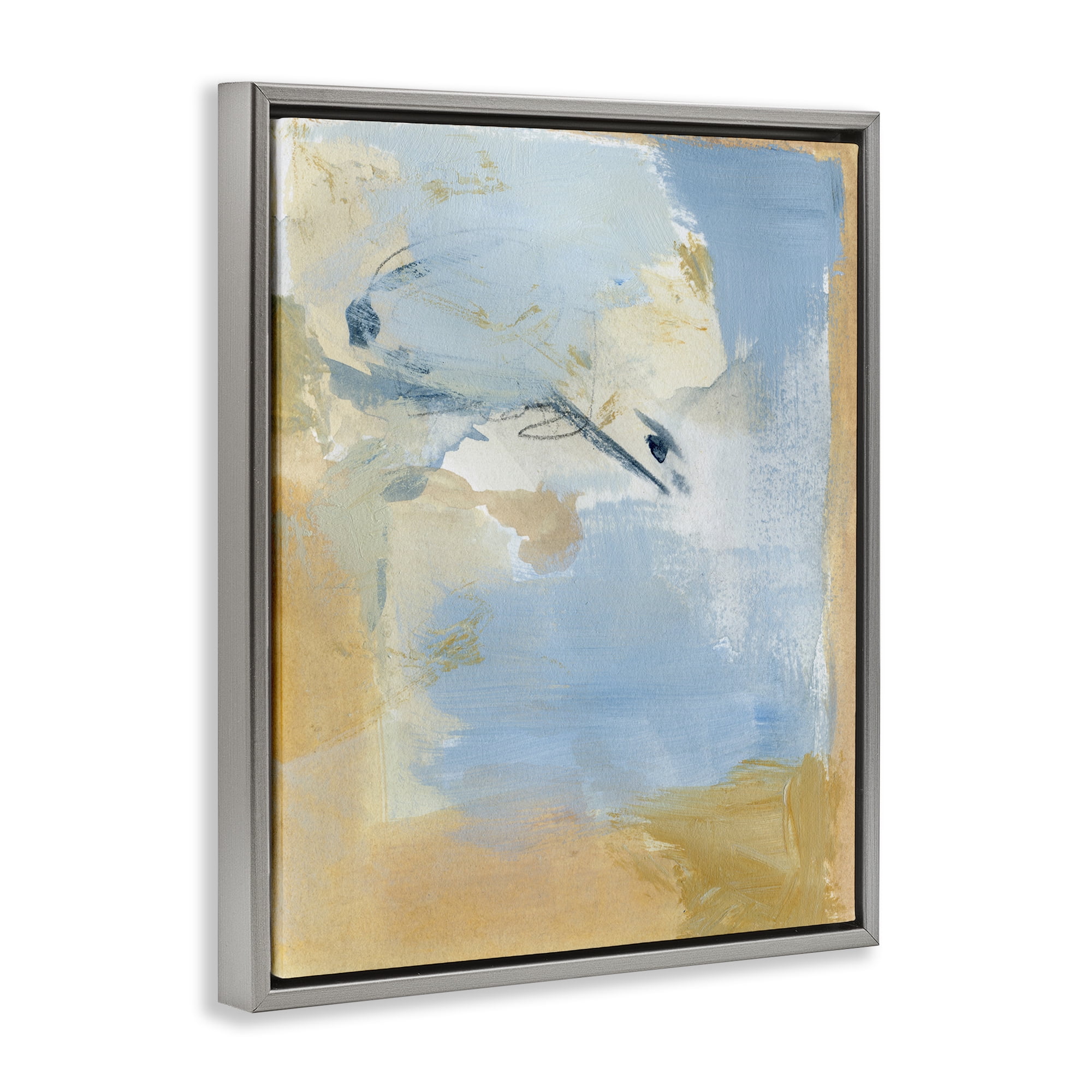 Stupell Industries Distressed Gold & Blue Abstract Painting Gray Floater Framed Canvas Art Print Wall Art, 17 x 21