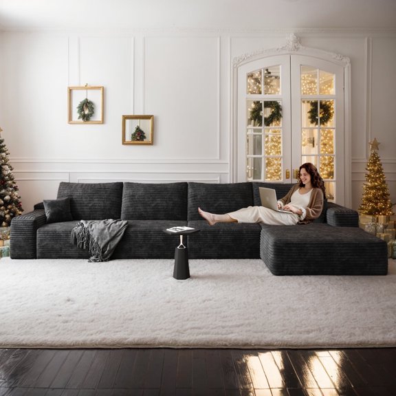 CKEASEAN 135" Oversized Boneless Couch with L-Shape Right Chaise, Modern Modular Sectional Sofa with Deep Seat, No Assembly Required, Cloud Sectional Couch with Corduroy Fabric, Rack for Living Room