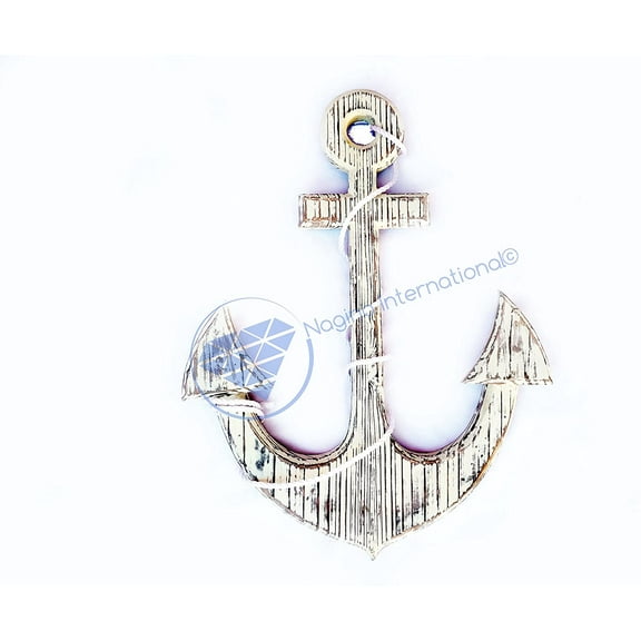 Antique White Vintage Nautical Pine Wood Anchor with Rope - Nagina International