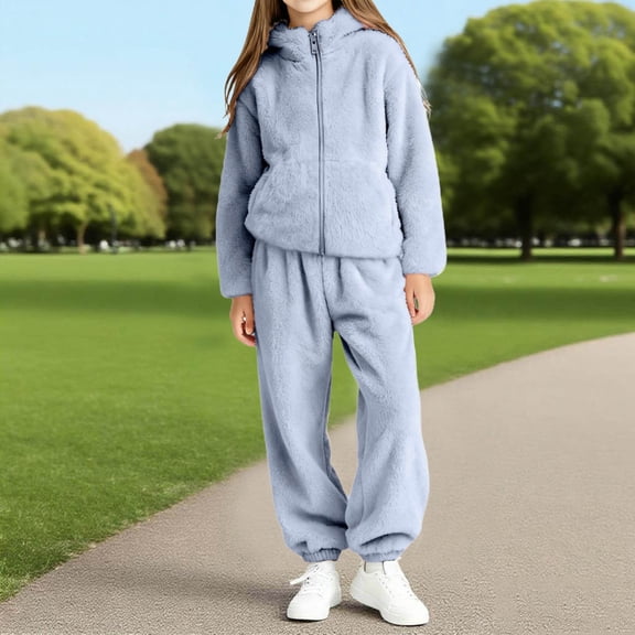 ATOGUTA Fall Outfits For Girls Fleece Outfits Winter Flannel Loose Zipper Sweatshirt Top Pants Sweatsuit Size 1T-15, Blue