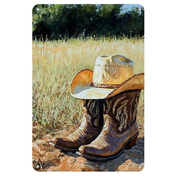 Rustic Cowboy Hat and Boots 3D Metal Sign (8"x12") - Vibrant Iron Wall Art for Home, Cafe, Bar Decor, Western Home Decor, 2D, Perfect for Room Decor