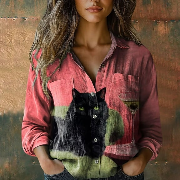 Pink Women Shirts, Women Cotton Shirt Printed Fashion Button Down Shirts Casual Tops Long Sleeve Blouse,Women Shirts L