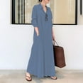 thumbnail image 4 of Dresses For Women 2024 Elegant Linen Solid Color Lapel Long Sleeve Pocket Relaxed Collared Ankle Length Beach Vacation Sundress, 4 of 5