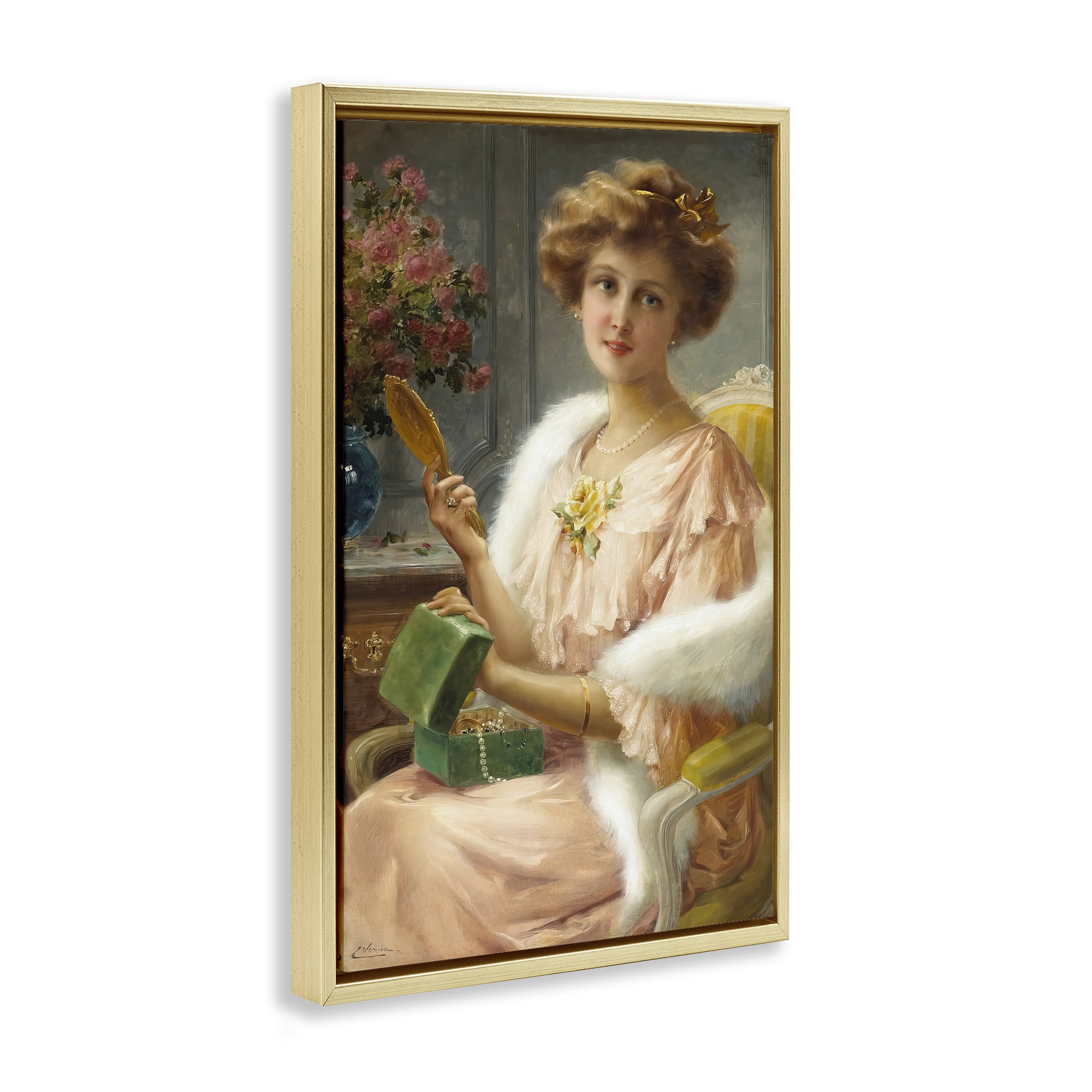 Stupell Industries Young Lady with Mirror Gold Framed Floater Canvas Wall Art, design by Tina LeCour