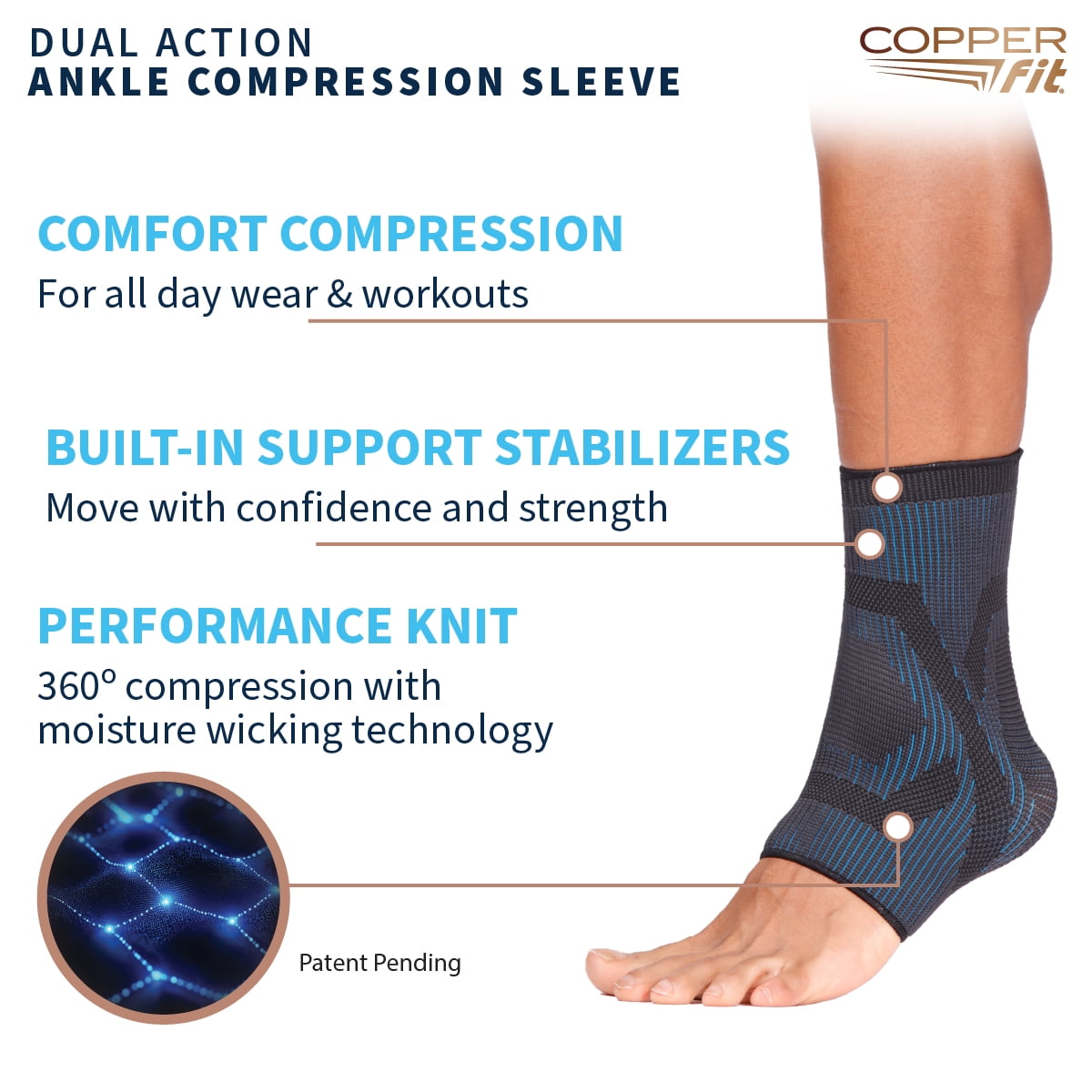 Copper Fit Dual Action Ankle Sleeve Brace, Advanced Relief & Recovery for Mobility, Arthritis, Tendonitis, Pain, Swelling & Inflammation, L/XL, Unisex