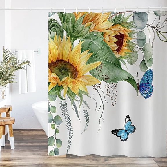 Sunflower Shower Curtain Butterfly Fabric Shower Curtain for Bathroom, Waterproof Bath Curtain with Hooks, Quick-Drying, Weighted Hem, Machine Washable 72" W x 72" L