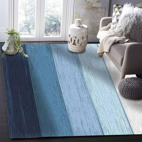 3 x 5ft Blue Area Rug, Modern Outdoor Living Room Bedroom Area Rug Carpet, Kitchen Rug Front Porch Floor Doormat Runner Rugs, Geometric Retro Striped Rustic Farmhouse Wooden