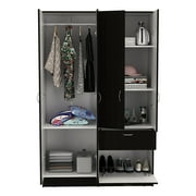 Depot E-Shop Itaca Armoire with 2 Double Door Cabinets, Drawer, 5 Interior Shelves, Lower Cabinet, and Hanging Rod, Black / White