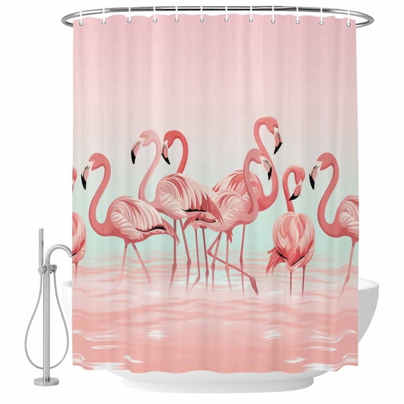 Pink Flamingo Shower Curtain Set - 48" x 72" Washable Bathtub Curtain with 12 Hooks, Valentine's Day Birds Lake Animals Waterproof Fabric Stall Shower Curtains for Bathroom/Bathtub Décor