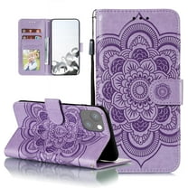 Mandala Case for iPhone 14/iPhone 13, Premium Leather Flip Wallet Card Slots Magnetic Stand Protective Ultra Slim Shockproof Case with Lanyard, Embossed Flip Cover - Purple