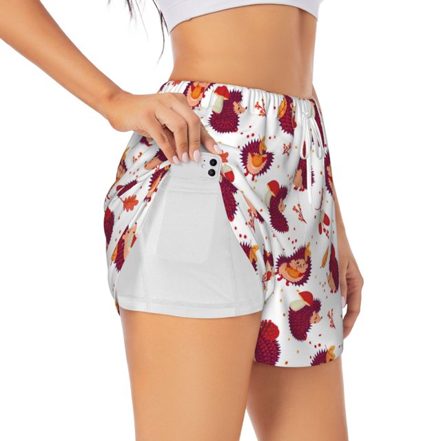 Balery Cartoon Hedgehogs Pantalones cortos deportivos para mujer con forro y dos bolsillos, elásticos, para entrenamiento, gimnasio, yoga-XX-Large