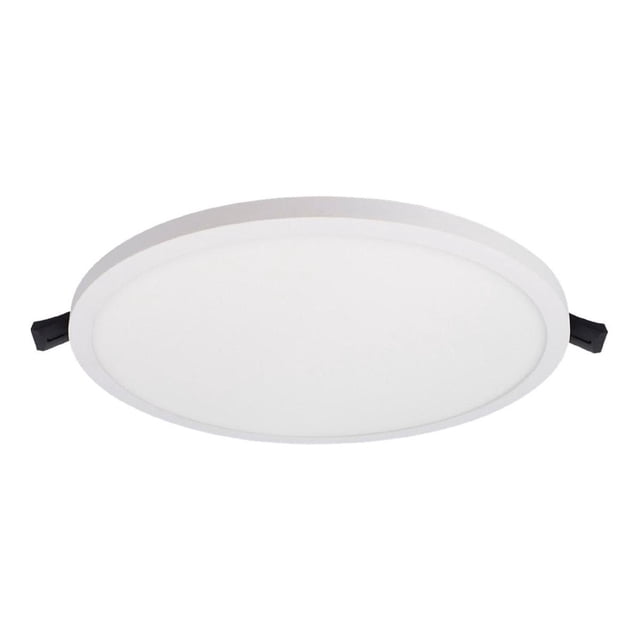 lámpara empotrable estévez aluminio blanco 12w 960lm lámpara empotrable circular de perfil bajo en aluminio blanco mate con difusor opal redondo y borde delgado, clips de montaje negros visibles; LED SMD 12 W, 960 lm, 6,500 K, apertura 120° y corte de instalación de 12.5 cm para plafones interiores; también suele usarse como iluminación puntual en oficinas o pasillos estrechos.