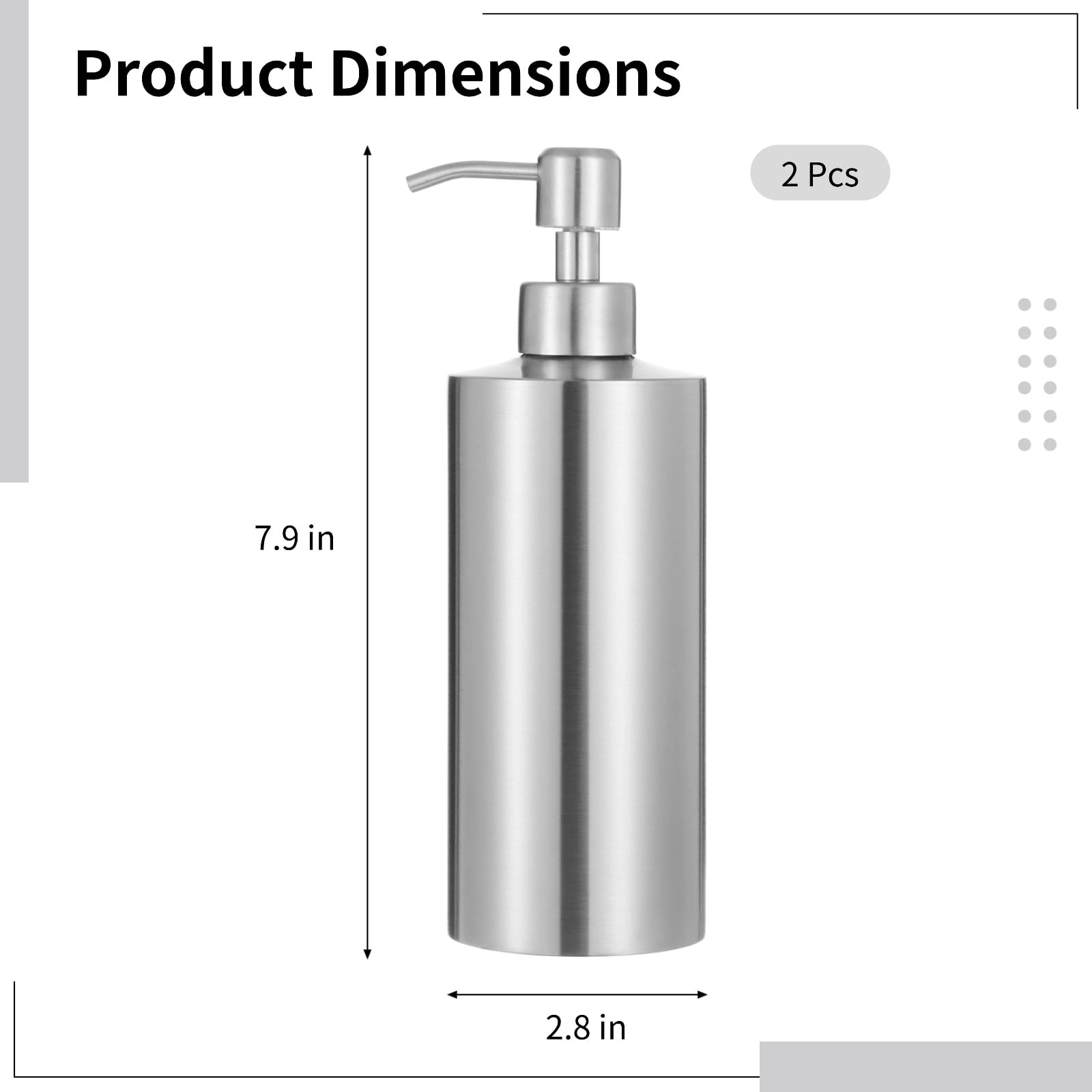 2 Pcs Stainless Steel Soap Dispenser, 18.6 oz Large Liquid Hand Soap Dispenser, Rustproof Countertop Soap Dispenser Set for Kitchen, Bathroom, Cylinder-Shaped Lotion Bottles