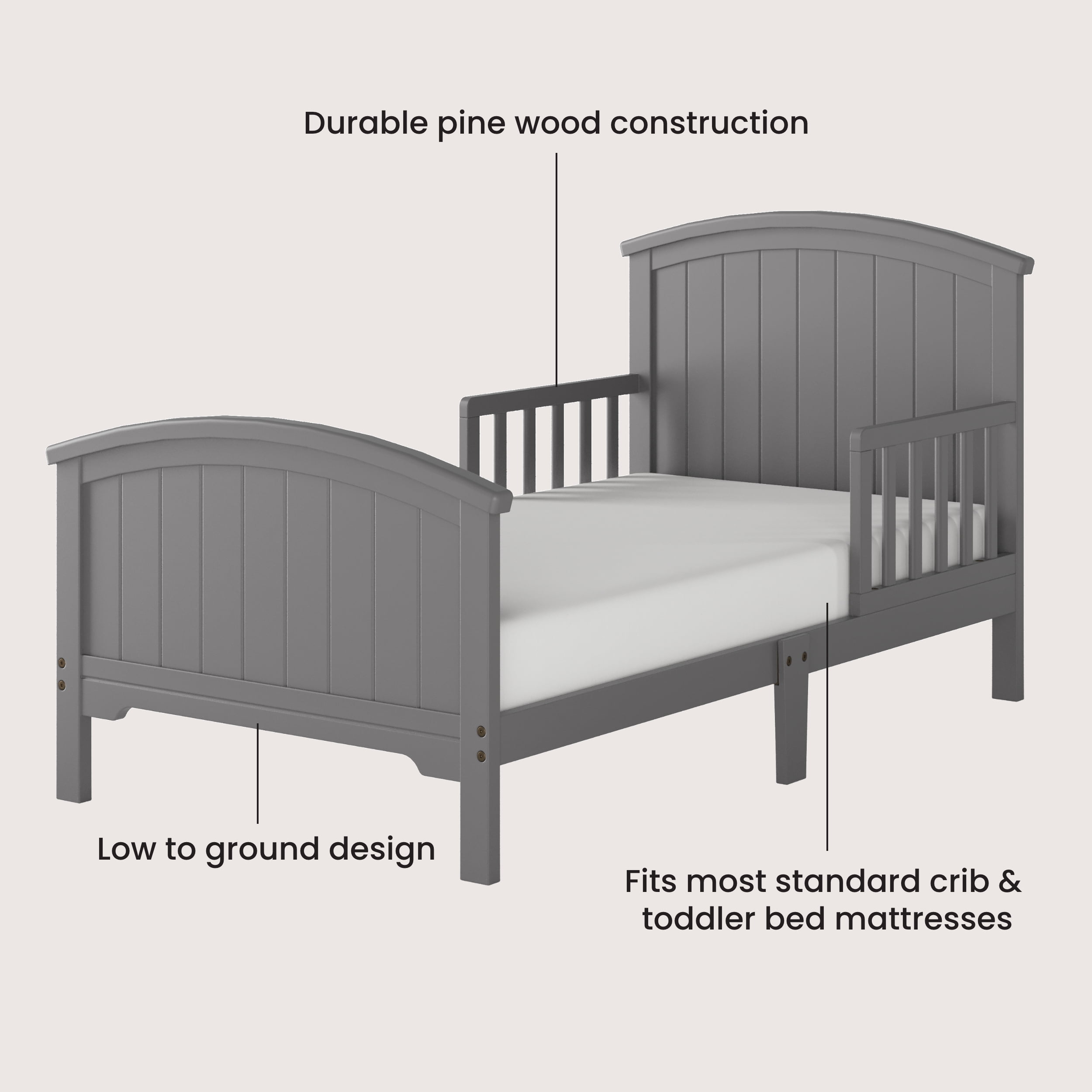 Child Craft Hampton Toddler Bed with Guard Rails, Arch Top, Low to Ground, Pine Wood, Cool Gray