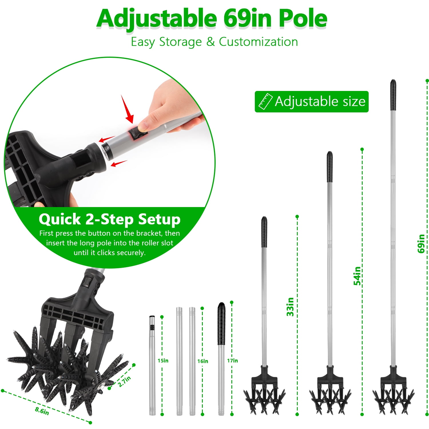 Kidsjoy 69in Manual Hand Tiller,2-in-1 Lawn Aerator Cultivator Tool with Adjustable Handle,42 Tines Stainless Steel Garden Tool for Soil Loosening Weeding Seeding Soil Mixing