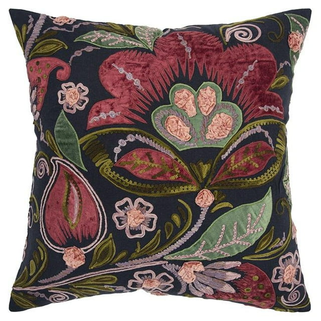 HomeRoots 403363 Jacobean Floral Appliqued Throw Oreiller&44; Noir & Multi