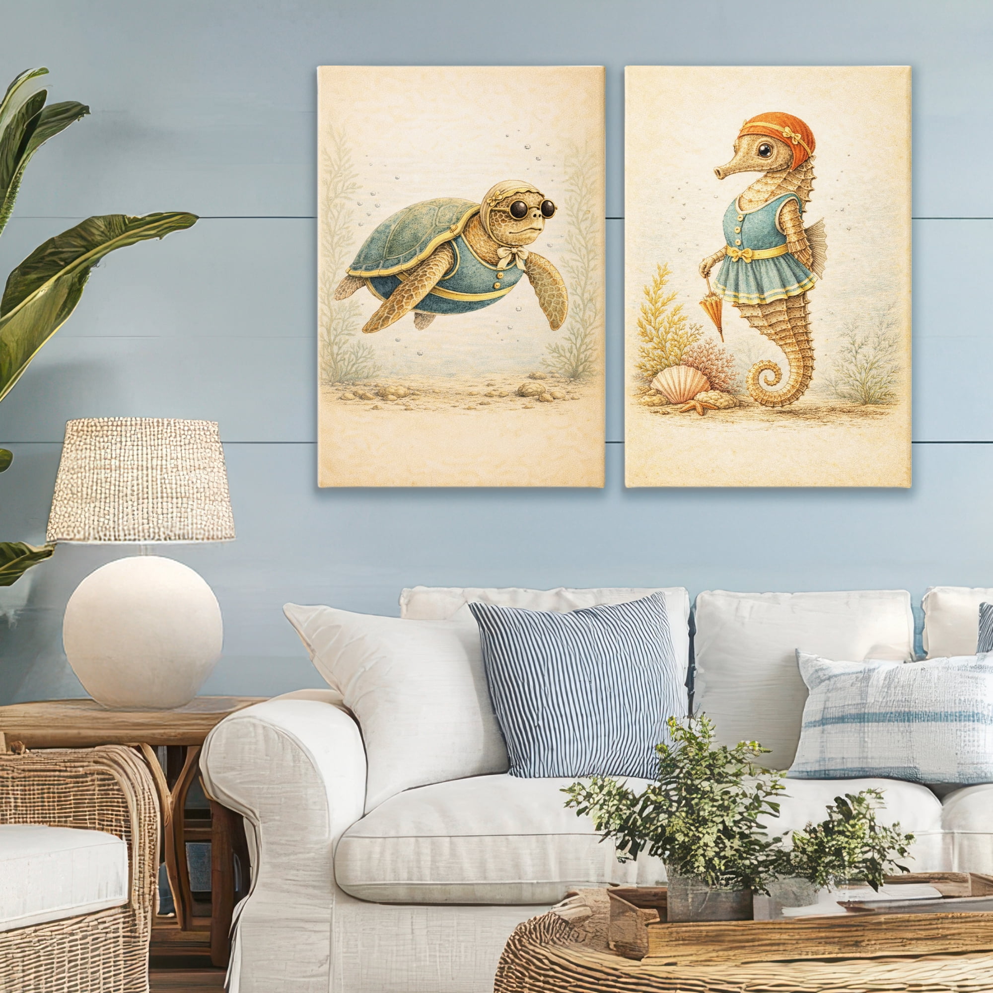 Stupell Industries Vintage Maritime Bathing Animals 2 Piece Canvas Wall Art Set, design by Grotto Studios