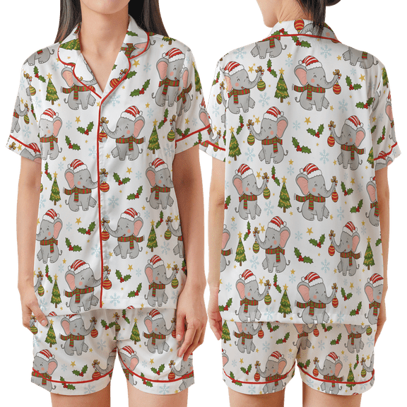 Lotusprinthandmade Elephant Christmas All-over Print Satin Short-Sleeve Pajamas Set (No Pocket) (S) – Cute Holiday Sleepwear For Women